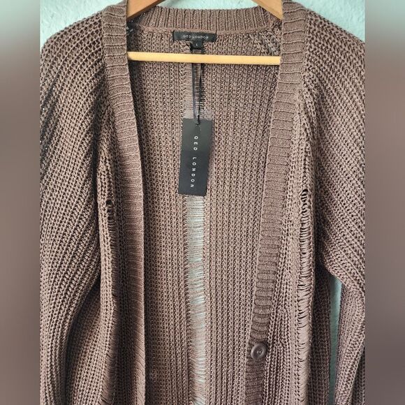 QED London Distressed Brown Long Cardigan Sweater Coastal - Picture 2 of 11